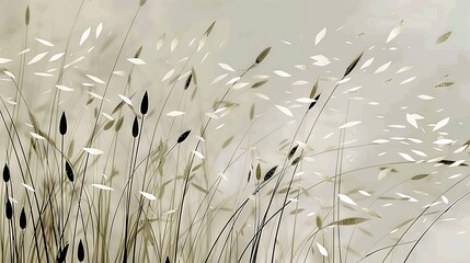 Naklejka premium White-beige background with black-white grass blowing in wind