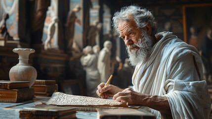 Scholar in Traditional Greek Attire Writing on Manuscript