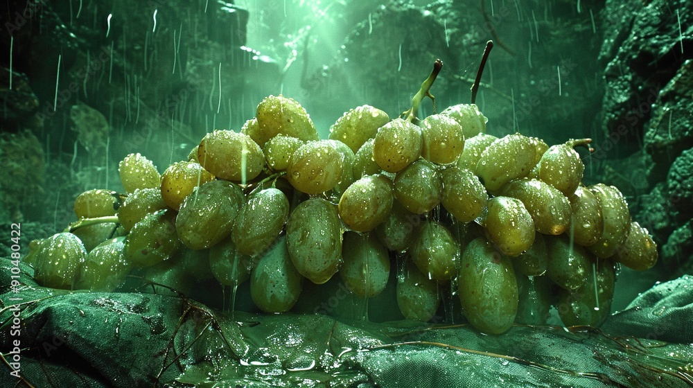 Sticker green grapes sit on leaf-covered forest floor, dotted with raindrops