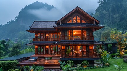 Traditional Thai Wooden House Amidst Lush Green Mountains