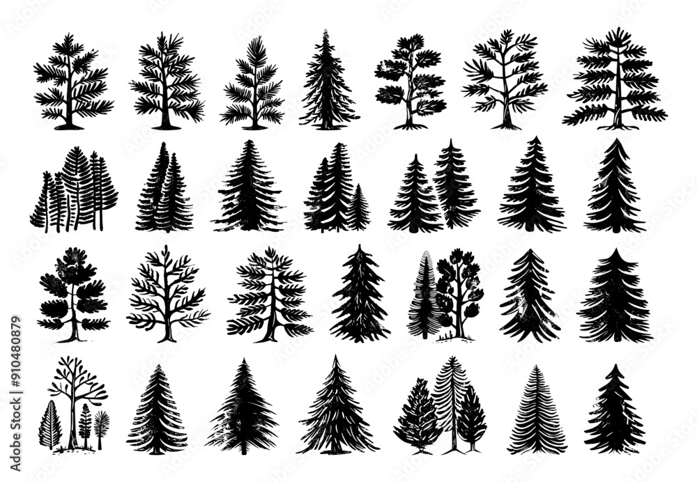 Poster pine trees linocut print style icons set neat thick strokes and shapes black on white background con