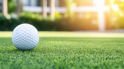 Naklejka premium A white golf ball sits on the vibrant green grass, glistening under the warm sunlight at a well-maintained golf course during a sunny spring day