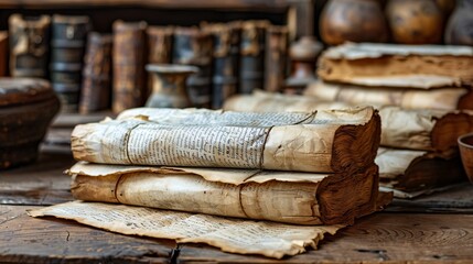 Ancient Greek Manuscripts with Handwritten Text on Wooden Table