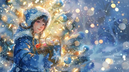 Fototapeta premium Young girl in a blue winter coat holding a red gift, standing against a festive background of Christmas lights and snow. Concept of holiday joy, winter celebration, festive spirit, childlike wonder