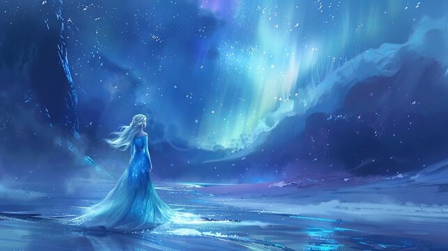 Ice princess or snow queen in long blue dress stands in aethereal icy landscape under Northern Lights. Concept of fantasy character, magic, fairytale, winter wonderland, Christmas. Watercolor art