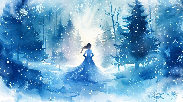 Ice princess or snow queen in long blue dress stands gracefully amidst a snowy forest. Concept of fantasy character, magic, fairytale, winter enchantment, beautiful woman, Christmas. Watercolor art