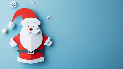 Cute paper craft Santa Claus on blue background. Cheerful Santa with red outfit and white beard. Concept of Christmas crafts, holiday decorations, festive DIY, paper art. Copy space. Paper cut style