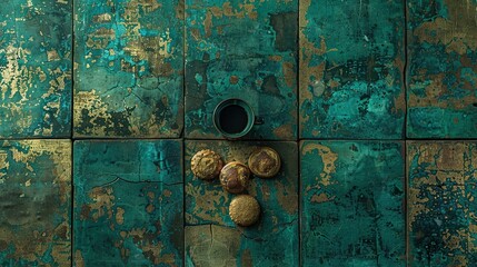   Rocks atop green-rust wall with cup & saucer