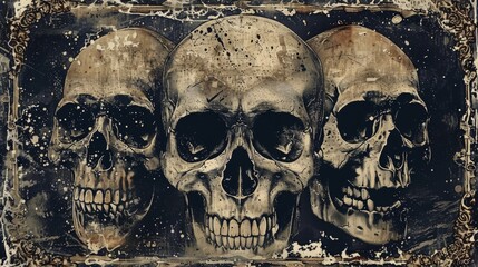 Grunge skull frame background featuring three craniums in dark atmosphere