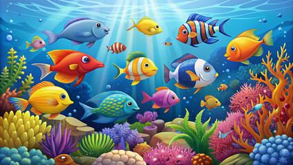 Obraz premium Vibrant cartoon fish of various species swim playfully amidst colorful coral reefs in a serene blue ocean, surrounded by seaweed and schools of small fish.