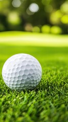 Fototapeta premium A white golf ball sits on the vibrant green grass, glistening under the warm sunlight at a well-maintained golf course during a sunny spring day