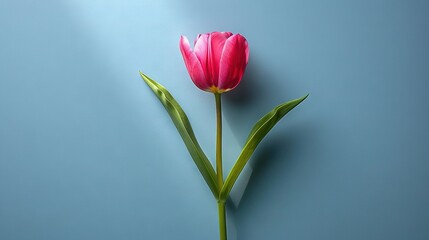 Fototapeta premium A pink tulip sits on a blue surface with a green tulip stalk nearby