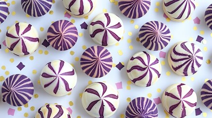   A cluster of lavender and cream-colored cupcakes perched atop a cake slab beside sprinkles