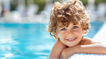 Fototapeta premium Cheerful young child with curly hair is grinning widely, peacefully resting by a sparkling pool