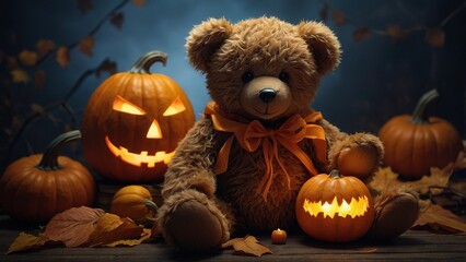 An adorable teddy bear dressed in a charming costume sits among bright orange pumpkins, including a lit jack-o'-lantern, on a tranquil autumn evening.