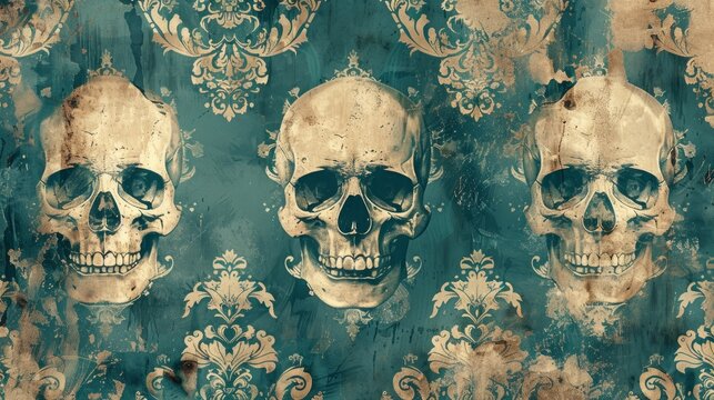 Spooky damask pattern featuring skulls in an aged horror design