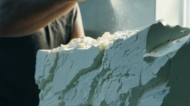 An artist skillfully chisels away at a large stone block, creating intricate details in a bright workshop filled with natural light