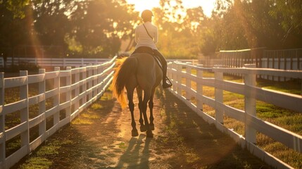 Sorrel horse with a rider from rear  view