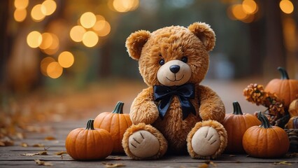 Obraz premium An adorable teddy bear dressed in a charming costume sits among bright orange pumpkins, including a lit jack-o'-lantern, on a tranquil autumn evening.