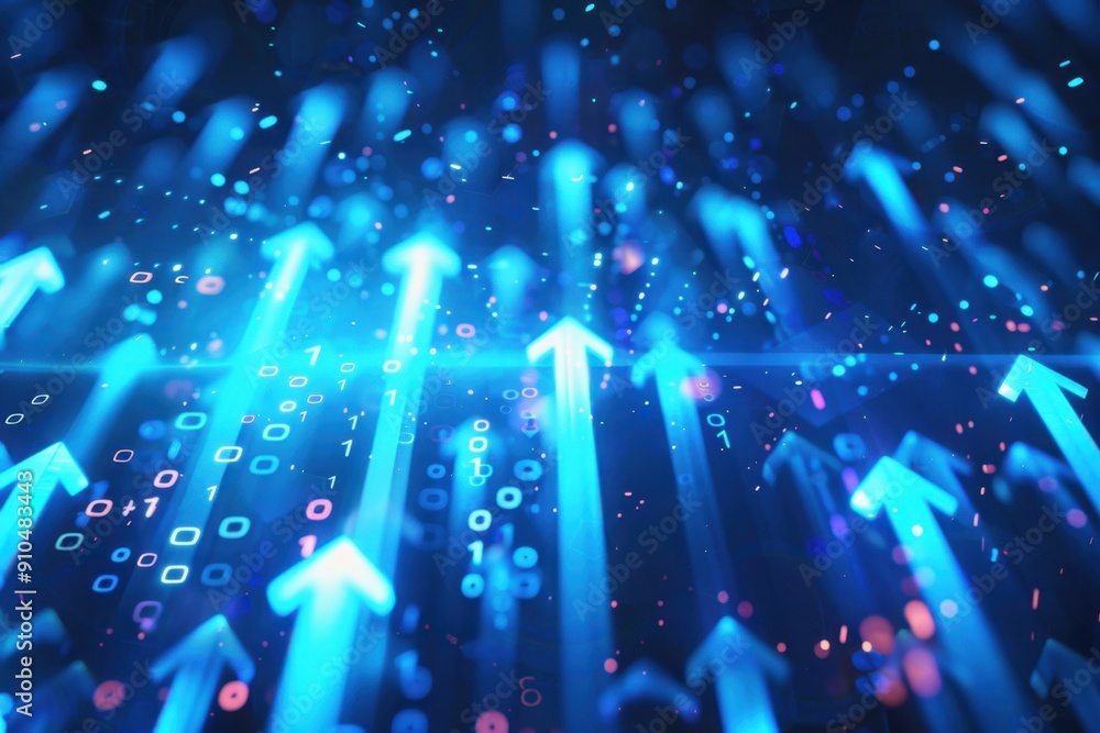 Poster abstract background with blue glowing arrows up and down, concept of business growth or stock market