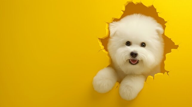 Bichon friese breaking through a hole in the wall. Creative dog banner