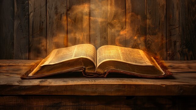 Open bible of jeremiah glowing on wooden table with ambient light