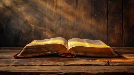 Glowing open bible on wooden surface with rays of light