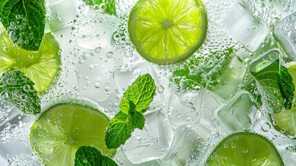 Close up view of the lime pieces and leaves of mint