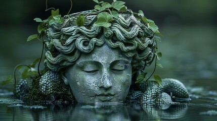 Medusas enchanted reflections: stone statue surrounded by serpents in serene water