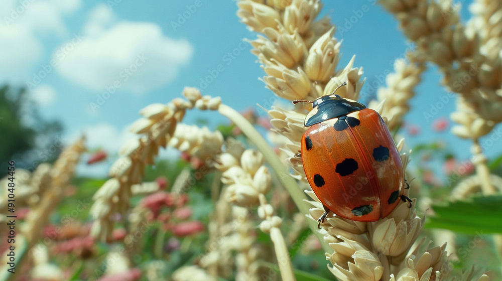 Poster  A ladybug on top of wheat stalk, blue sky and cloud backdrop