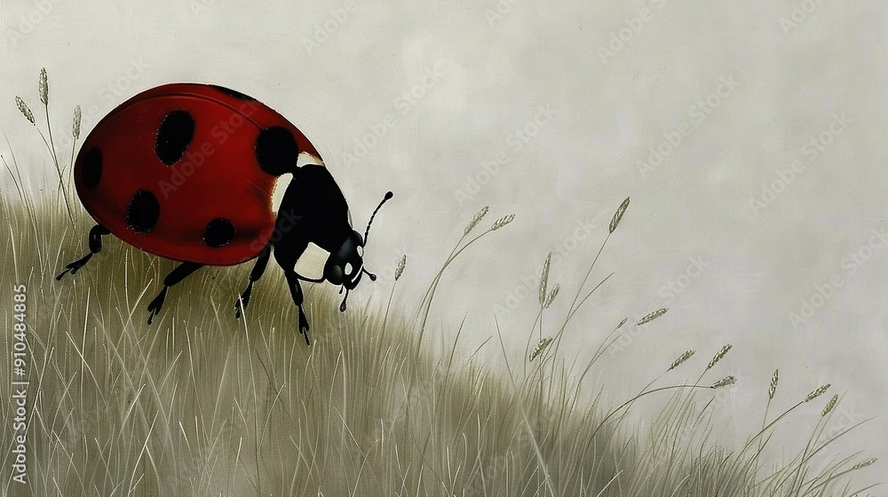 Poster  A ladybug perches atop a green hill, surrounded by towering blades of grass