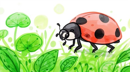   A ladybug atop a green leafy plant, surrounded by a vast field