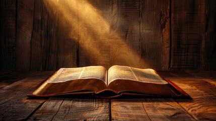 Glowing open bible on wooden table with ray of light streaming through