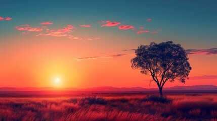 Obraz premium Vibrant sunset over australian outback plains with lone tree