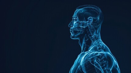 X-ray vision concept art of muscular man in side profile with detailed anatomy visualization