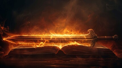 Sword and holy bible surrounded by flames symbolizing spiritual warfare