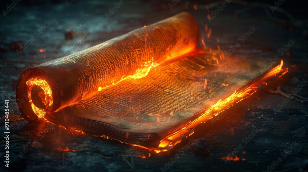 Poster glowing open scroll parchment revealing ancient text at night in a mystical setting