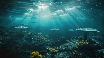 Floating solar farms and carbon units in a clear ocean, marine life flourishing, and sunlight penetrating the water with shimmering effects. Reducing heat and carbon dioxide