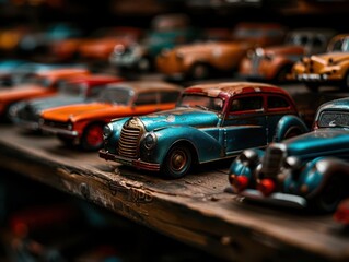 Fototapeta premium Metal toys from the mid20th century, displayed in a collector s showcase, Retro, Cool tones, Photography