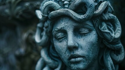 Medusa's enchanted reflections in stone sculpture at twilight