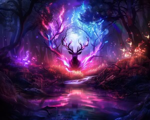 Obraz premium Mythical beasts in a magical forest, creating a fantastical scene, Fantasy, Vivid colors, Digital painting