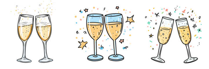 Clipart. Two champagne glasses clinking with champagne sparklers. Transparent background