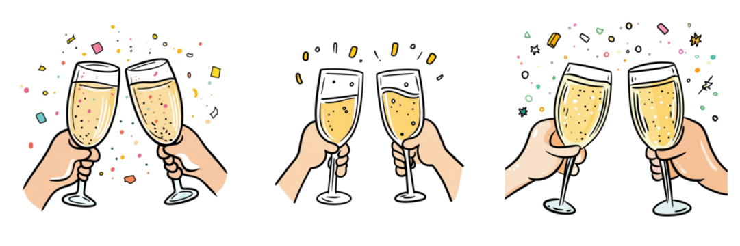 Clipart. Hands holding two champagne glasses clinking with champagne sparklers. Transparent background - Powered by Adobe
