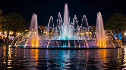 A majestic fountain at night, illuminated by colorful lights