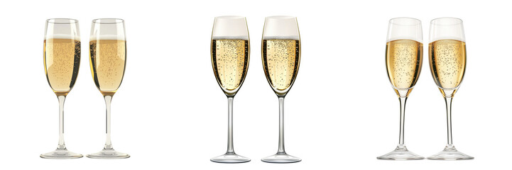 Two champagne glasses staying beside with champagne with sparkle on transparent background 