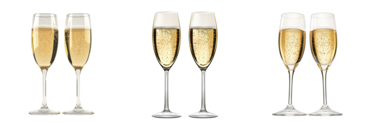 Two champagne glasses staying beside with champagne with sparkle on transparent background 