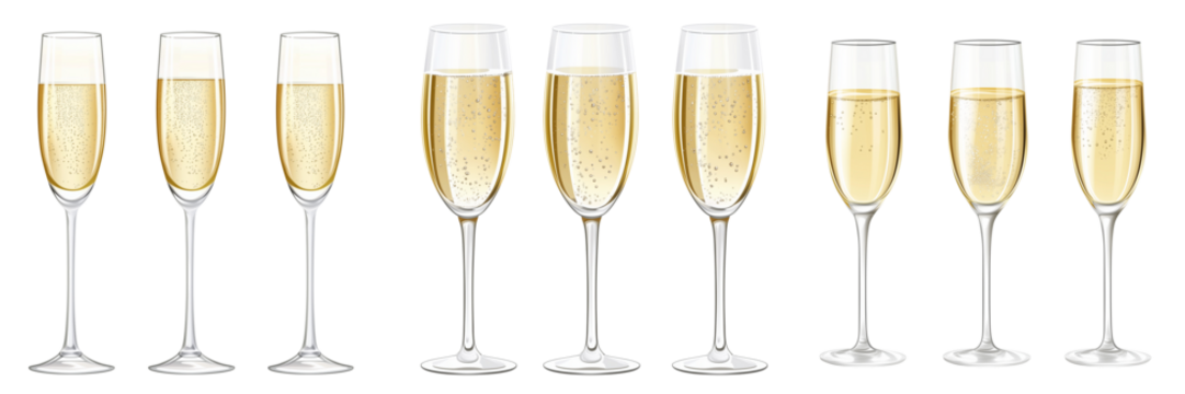 Champagne glasses staying beside with champagne with sparkle on transparent background 