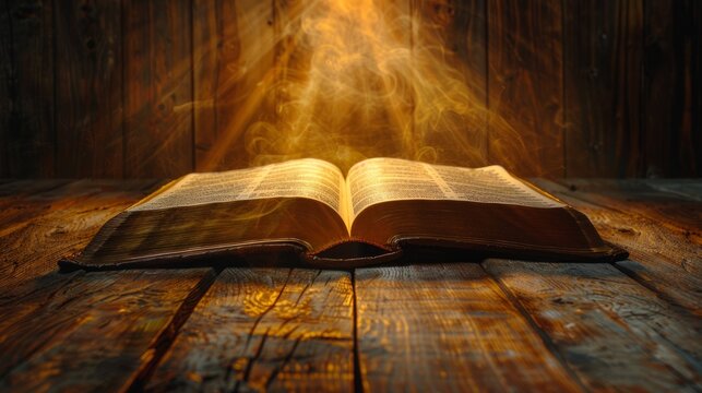Open bible glowing on wooden surface with radiant light