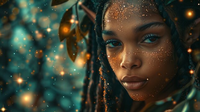 Enchanting african american elf maiden surrounded by magical forest sparkles