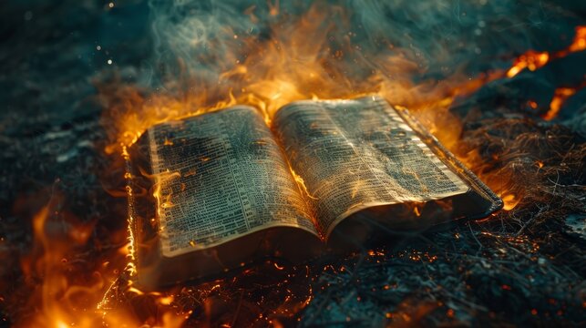 Burning bible open to deuteronomy amidst flames and smoke